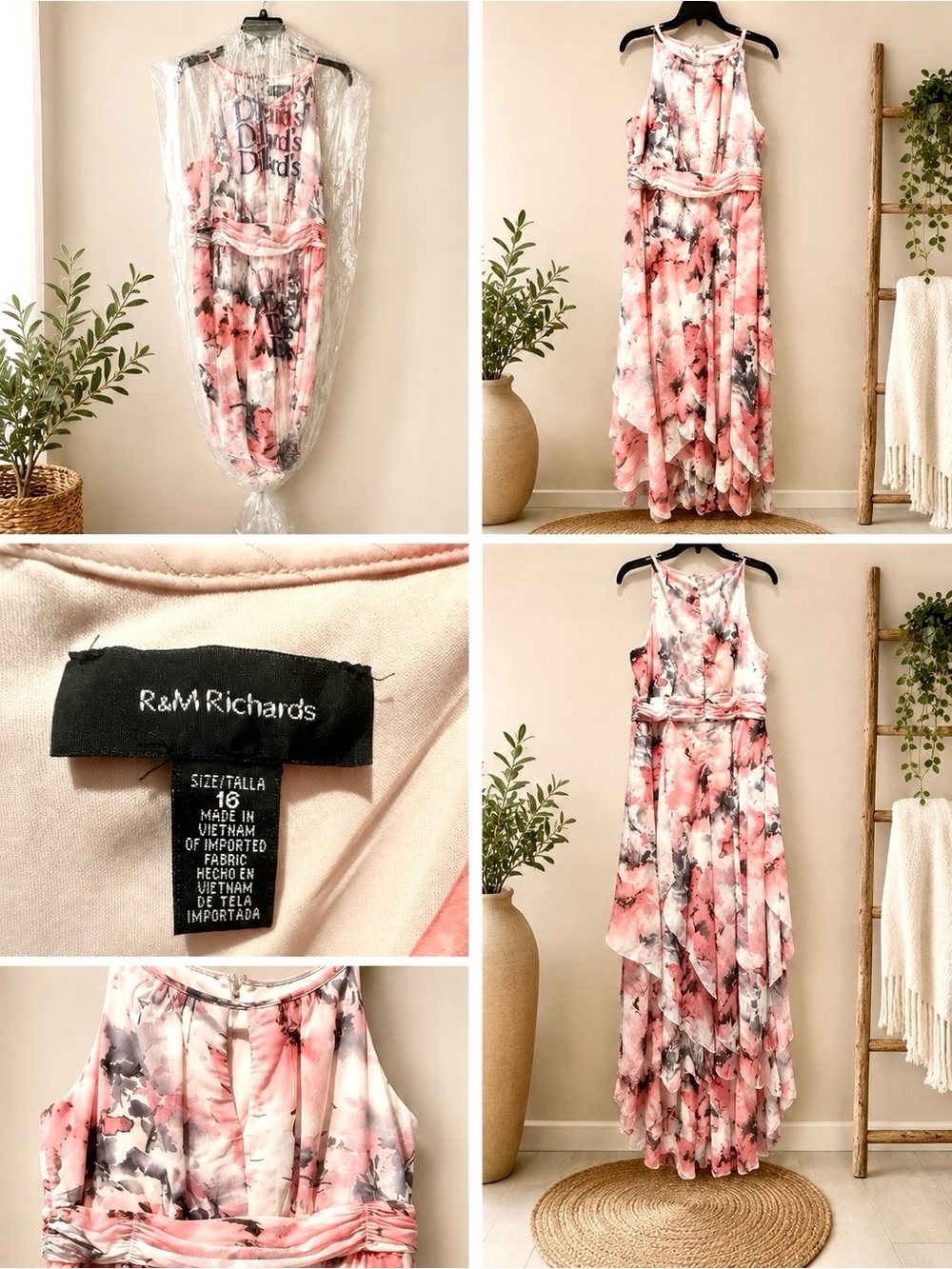 R&M Richards Pink & Gray Watercolor Halter Maxi Dress